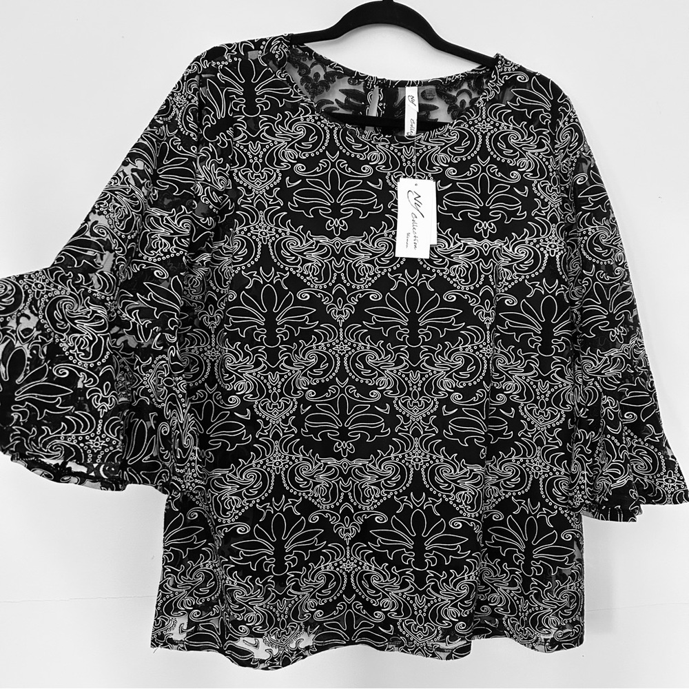 NWT - NY Collection Elegant Black and White Patterned Women's Top Size 1X